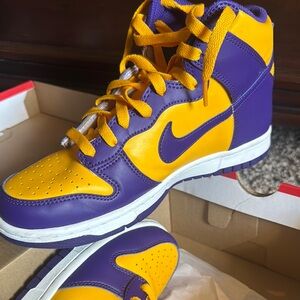 Nike Dunks Purple and Yellow High-Top Sneakers